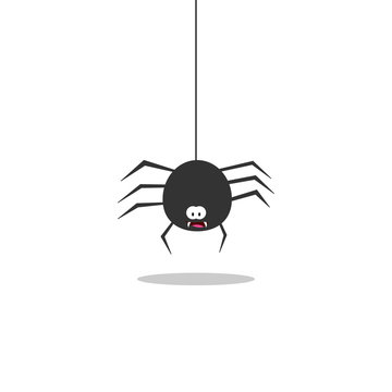 Black spider on a white background. Spider is coming down. Cartoon spiders.