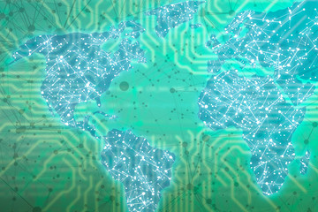 world map with dots and lines, worldwide digital communication web or network concepts