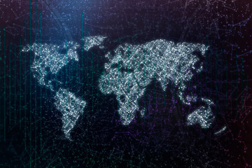 world map with dots and lines, worldwide digital communication web or network concepts