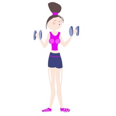 Girl in excellent physical shape, doing exercises with dumbbells, in sport clothes, cartoon character, color image vector