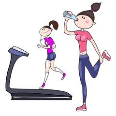 Girls in excellent physical shape, performing cardio, running, at the gym in sportswear, cartoon character, color image vector