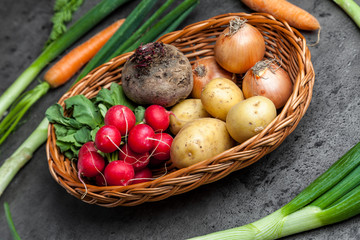 Fresh organic root vegetables on rustic background