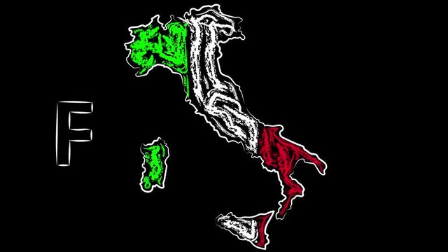 Animation. Italy. Florence. The name of the city on the background of outlines. Coloring the map of the country in the colors of the flag.