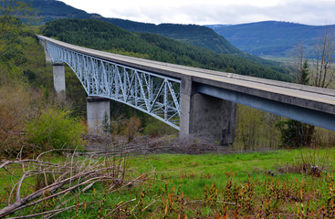 Obraz premium Elevated Bridge in the mountains through the forest in the Pacific Northwest USA
