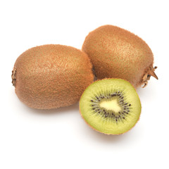 Kiwi fruit whole and half isolated on white background. Top view, flat lay