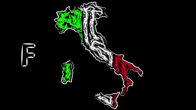 Animation. Italy. Florence. The name of the city on the background of outlines. Coloring the map of the country in the colors of the flag.