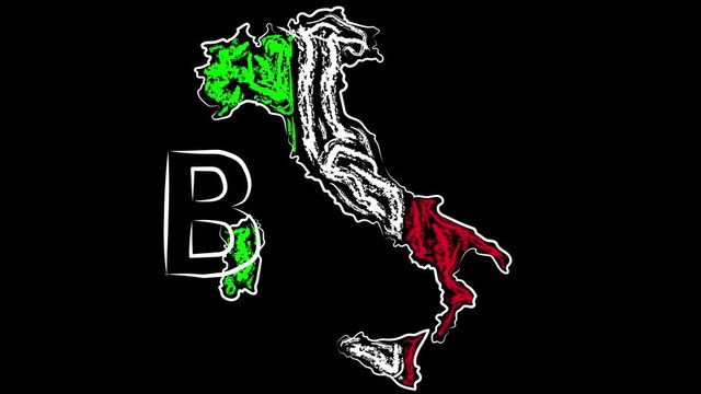 Animation. Italy. Bari. The name of the city on the background of outlines. Coloring the map of the country in the colors of the flag.