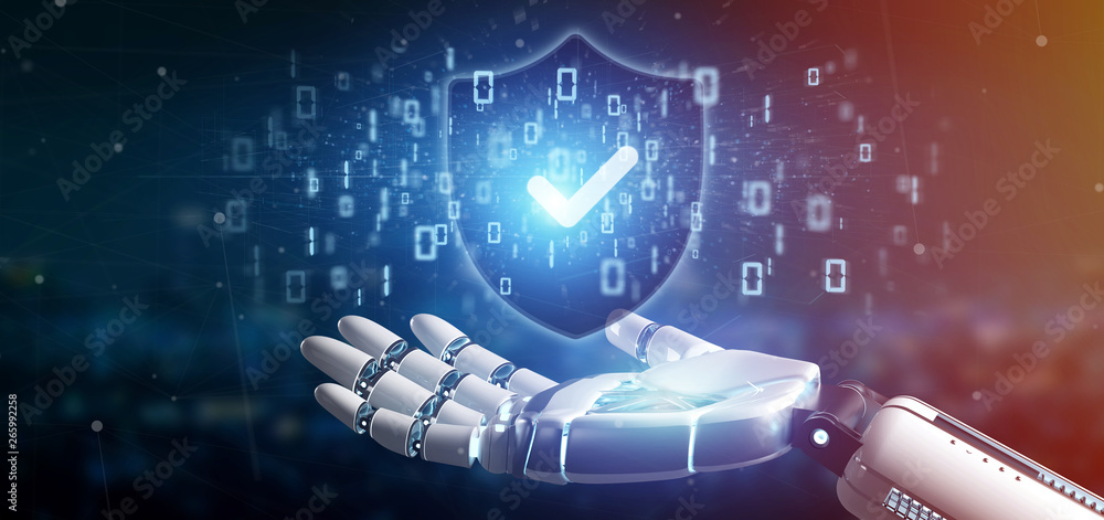 Aufkleber cyborg hand holding a shield web security concept 3d rendering