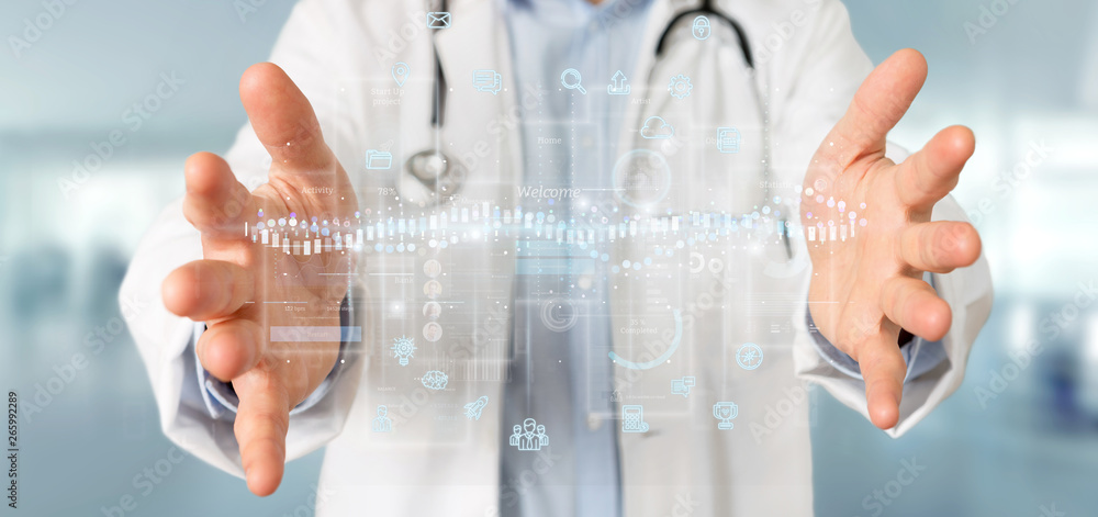 Wall mural doctor holding user interface screens with icon, stats and data 3d rendering