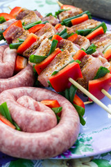 Close up pf delicious chicken breast on wooden skew with fresh vegetables, garlic, paprika fried on mangal barbeque grill and smoke