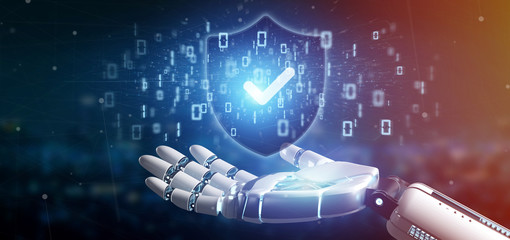Cyborg hand holding a Shield web security concept 3d rendering
