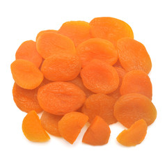 Heap of dried apricots fruit whole and slice isolated on white background. Top view, flat lay