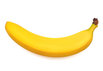 One banana isolated on white background. Top view, flat lay