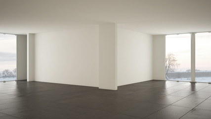 Empty room interior design, open space with big panoramic window on winter meadow with snow, dark gray marble tiles floor, modern contemporary architecture