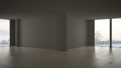 Empty room interior design, open space with big panoramic window on winter meadow with snow, dark gray marble tiles floor, modern contemporary architecture