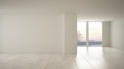 Empty room interior design, open space with big panoramic window on winter meadow with snow, cream marble tiles floor, modern contemporary architecture