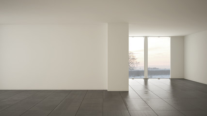 Obraz premium Empty room interior design, open space with big panoramic window on winter meadow with snow, dark gray marble tiles floor, modern contemporary architecture