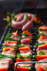 Close up pf delicious chicken breast on wooden skew with fresh vegetables, garlic, paprika fried on mangal barbeque grill and smoke