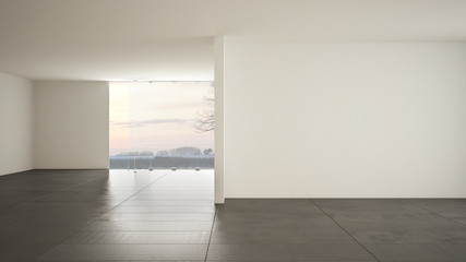 Empty room interior design, open space with big panoramic window on winter meadow with snow, dark gray marble tiles floor, modern contemporary architecture