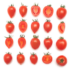 Tomatoes collection of whole and sliced isolated on white background. Tasty and healthy food. Flat lay, top view