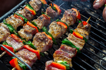 Close up pf delicious chicken breast on wooden skew with fresh vegetables, garlic, paprika fried on...
