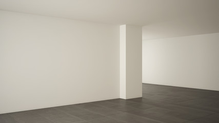 Empty room interior design, open space with big panoramic window on winter meadow with snow, dark gray marble tiles floor, modern contemporary architecture