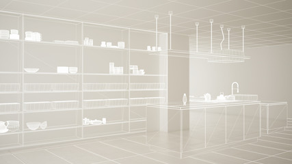 Empty white interior with white ceramic tiles floor, custom architecture design project, white ink sketch, blueprint showing modern kitchen, concept, mock-up, architecture idea