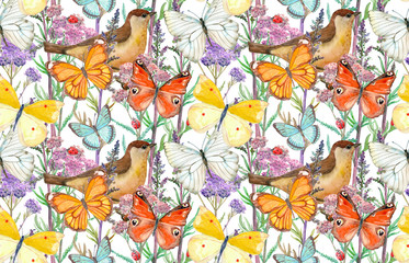 vintage seamless texture with meadow flowers, butterflies and cute birds. watercolor painting