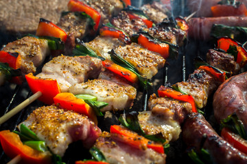 Close up pf delicious chicken breast on wooden skew with fresh vegetables, garlic, paprika fried on mangal barbeque grill and smoke