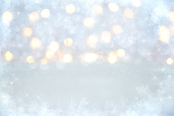 Magic twinkling holiday abstract glitter background with blinking lights and snow. Blurred bokeh of Christmas lights.