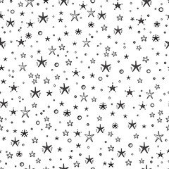 Vector Holiday or Birthday Seamless Pattern with Hand Drawn Doodle Stars. Starry Space Sky Vector Festive Background