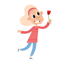 Vector cartoon illustration of grandmother with flower isolated on white.