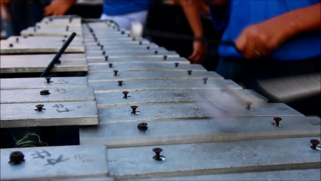 Close up video shot of hands of members of a marching band playing the lyre or xylophone