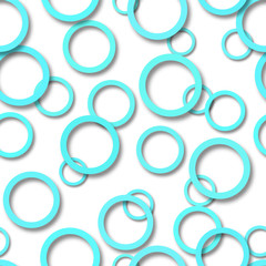 Abstract seamless pattern of randomly arranged light blue rings with soft shadows on white background