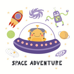 Hand drawn vector illustration of a cute alien in space, with lettering quote Space adventure. Isolated objects on white background. Scandinavian style flat design. Concept for children print.
