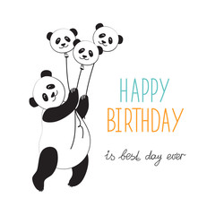 Fototapeta premium Panda hot air balloon. Typographic slogan happy birthday. Vector illustration congratulations