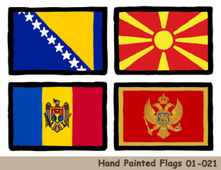 手描きの旗アイコン,ボスニアの国旗,マケドニアの国旗,モルドバの国旗,モンテネグロの国旗 Flag of the Bosnia, Macedonia, Moldova, Montenegro, hand drawn isolated vector icon.