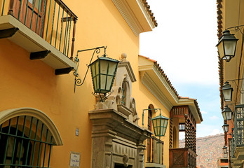 Fototapeta na wymiar The Well-preserved Colonial Buildings on Jaen Street or Calle Jaen in La Paz, Bolivia