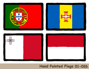 手描きの旗アイコン,ポルトガルの国旗,マデイラ諸島の旗,マルタの国旗,モナコの国旗 Flag of the Portugal, Madeira Islands, Malta, Monaco, hand drawn isolated vector icon.