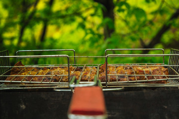 cubes of pickled meat in a grill grate at brazier. barbecue kebab on embers outdors. grilled picnic in nature. side view close up a background of green trees