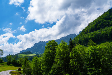 Fototapeta na wymiar Switzerland. Mountains and nature. Concepts about traveling and wanderlust. Meadows of green grass and flowers in the Swiss mountains after a summer rain with huge clouds.
