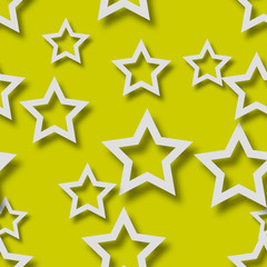 Abstract seamless pattern of randomly arranged white stars with soft shadows on yellow background
