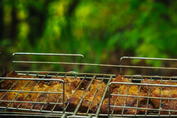 cubes of pickled meat in a grill grate at brazier. barbecue kebab on embers outdors. grilled picnic in nature. side view close up a background of green trees