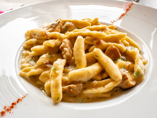 tasty Italian meal of homemade pasta with porcini mushrooms