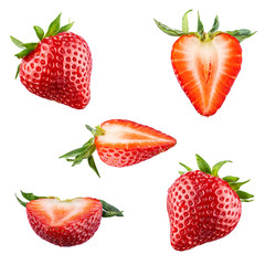 Set of red strawberry berries isolated on white background. 100 percent sharpness.