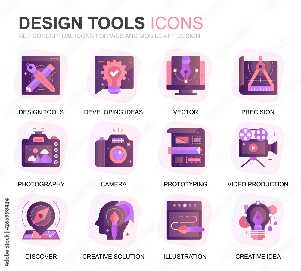 Poster modern set design tools gradient flat icons for website and mobile apps. contains such icons as crea
