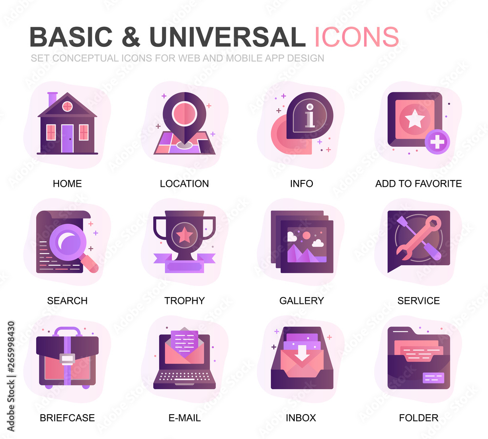 Poster modern set basic gradient flat icons for website and mobile apps. contains such icons as location, b
