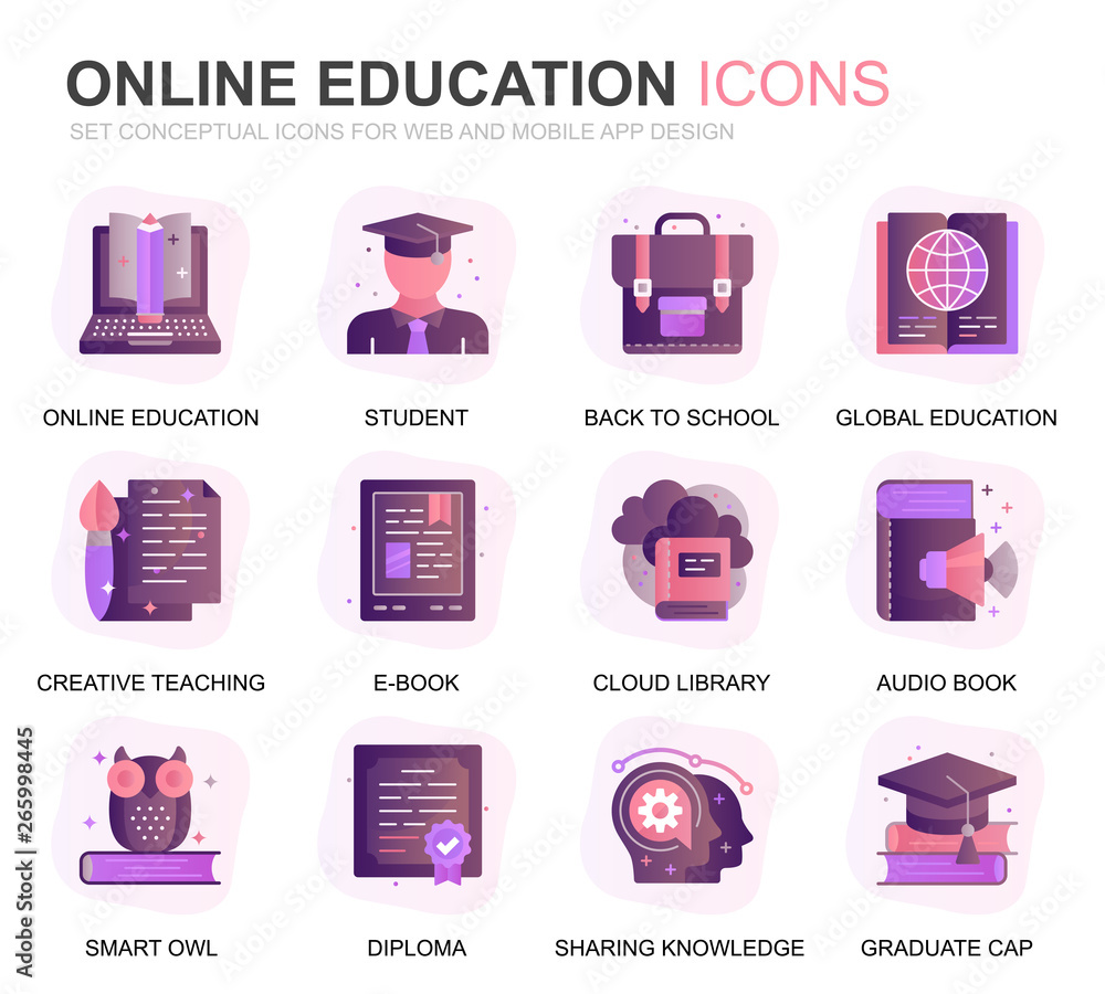 Poster Modern Set Education and Knowledge Gradient Flat Icons for Website and Mobile Apps. Contains such Icons as Studying, School, Graduation, E-Book. Conceptual color flat icon. Vector pictogram pack.