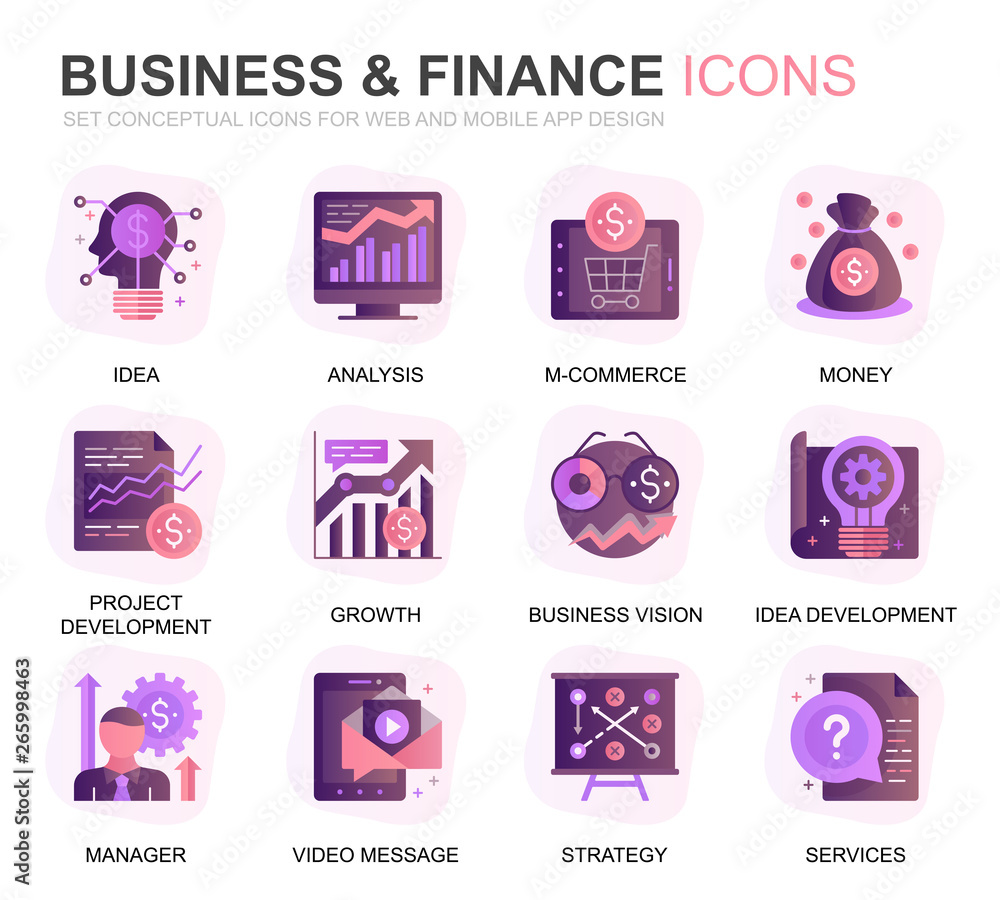 Leinwandbilder modern set business and finance gradient flat icons for website and mobile apps. contains such icons