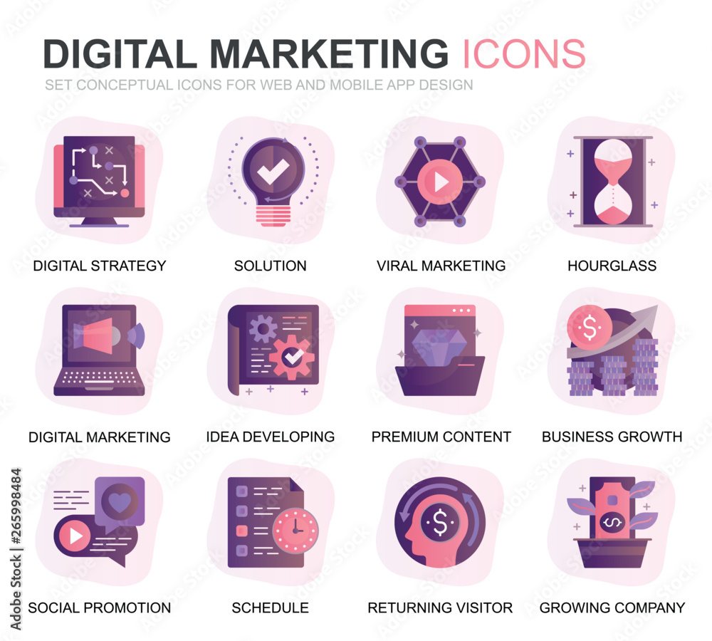 Poster modern set business and marketing gradient flat icons for website and mobile apps. contains such ico